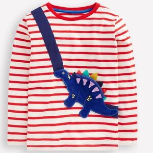 Mini Boden Long Sleeve Striped Red and White Dinosaur T-Shirt Size 6-7 NWT